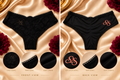 Front and back views of the black Slide2theSide garment, with close-ups of the lace, trim, fabric and corrected S2S logo.