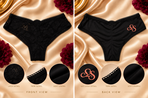 Front and back views of the black Slide2theSide garment, with close-ups of the lace, trim, fabric and corrected S2S logo.